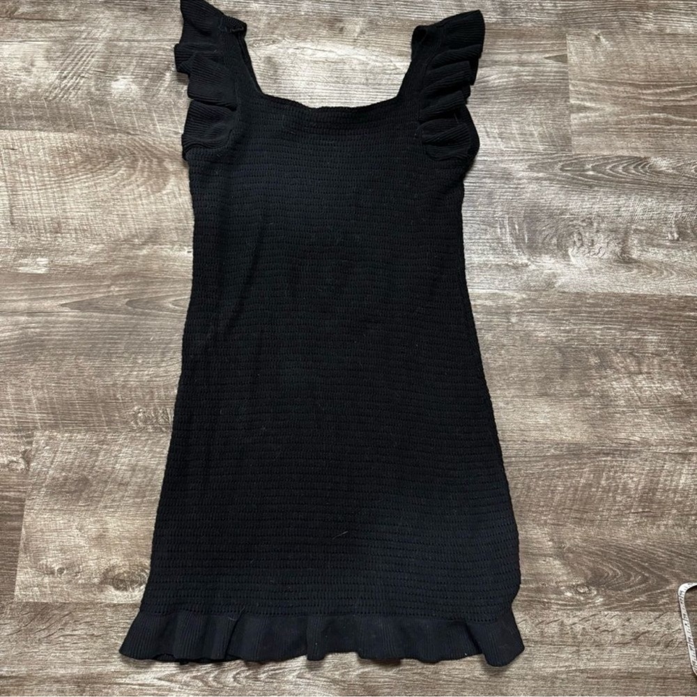 Anthropologie Black Knit Crochet Ruffle Sleeve Mini Dress - Picture 2 of 8